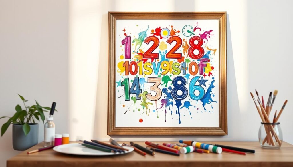A beautifully framed canvas in a soft, natural light setting. In the foreground, a finished paint-by-number artwork displays vibrant, meticulously painted numbers and colors, capturing the essence of the medium. The middle ground features a variety of paint brushes, palette knives, and color tubes, hinting at the process of creating such a piece. In the background, a serene, neutral-toned wall provides a calming backdrop, allowing the artwork to take center stage. The overall composition conveys a sense of accomplishment, attention to detail, and the joy of the creative process.