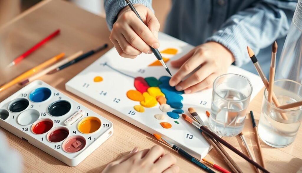 A beginner working on a paint by numbers canvas with organized paints and brushes