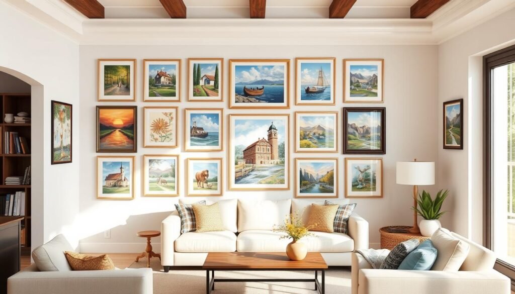 A collection of completed paint by numbers artworks displayed in a home gallery wall