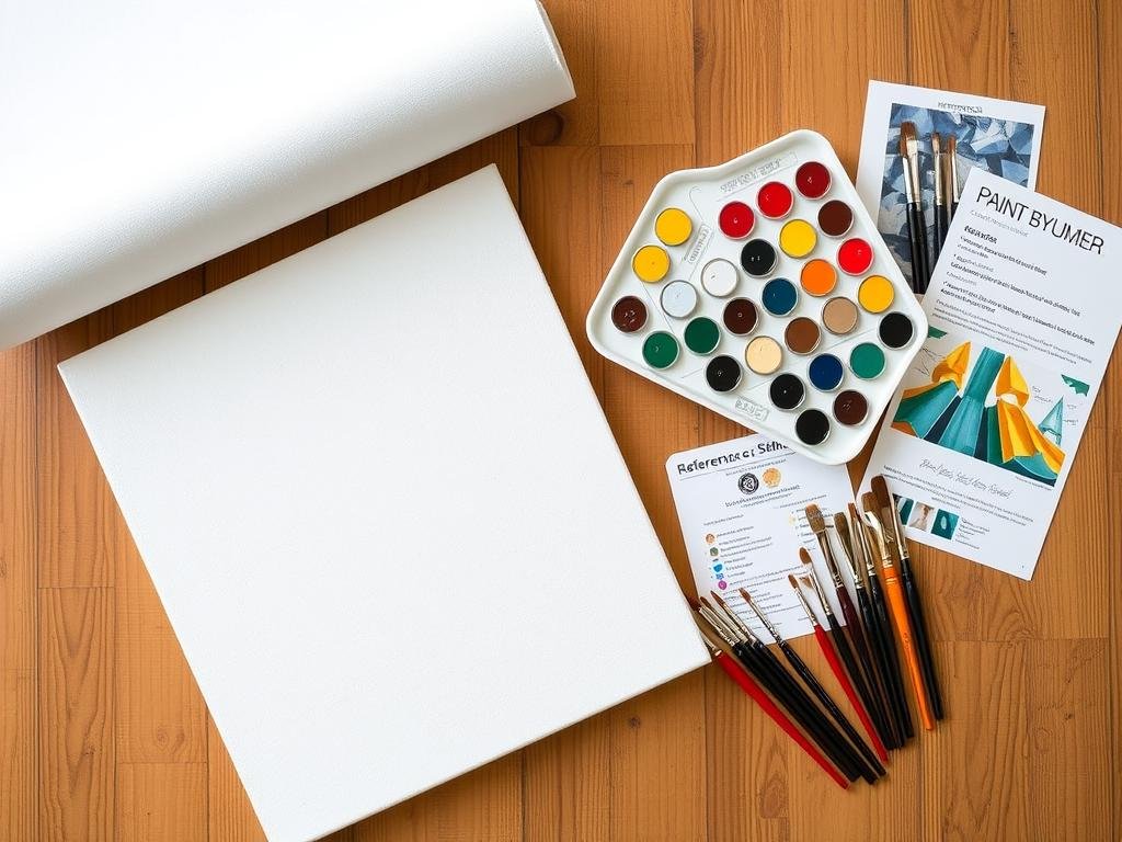 A complete paint by numbers kit laid out showing all components