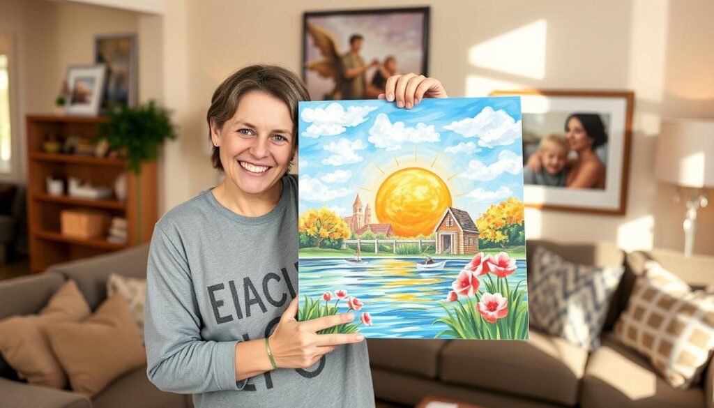 A person proudly displaying their completed paint by numbers artwork