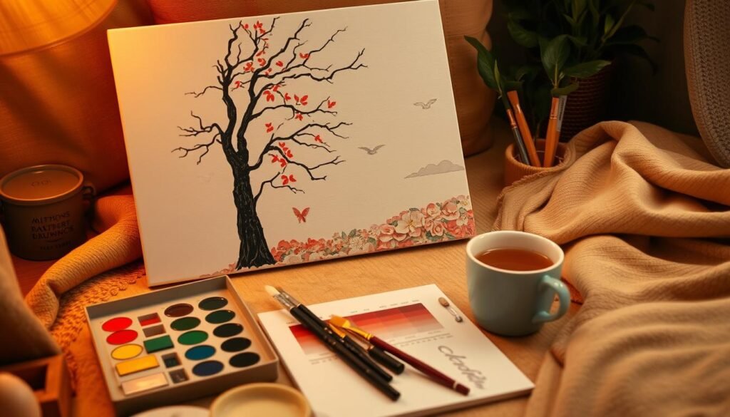 A relaxing paint by numbers session with a cup of tea and partially completed artwork