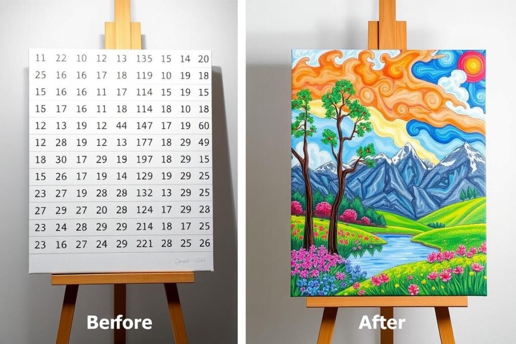 Before and after comparison of a paint by number canvas and completed artwork