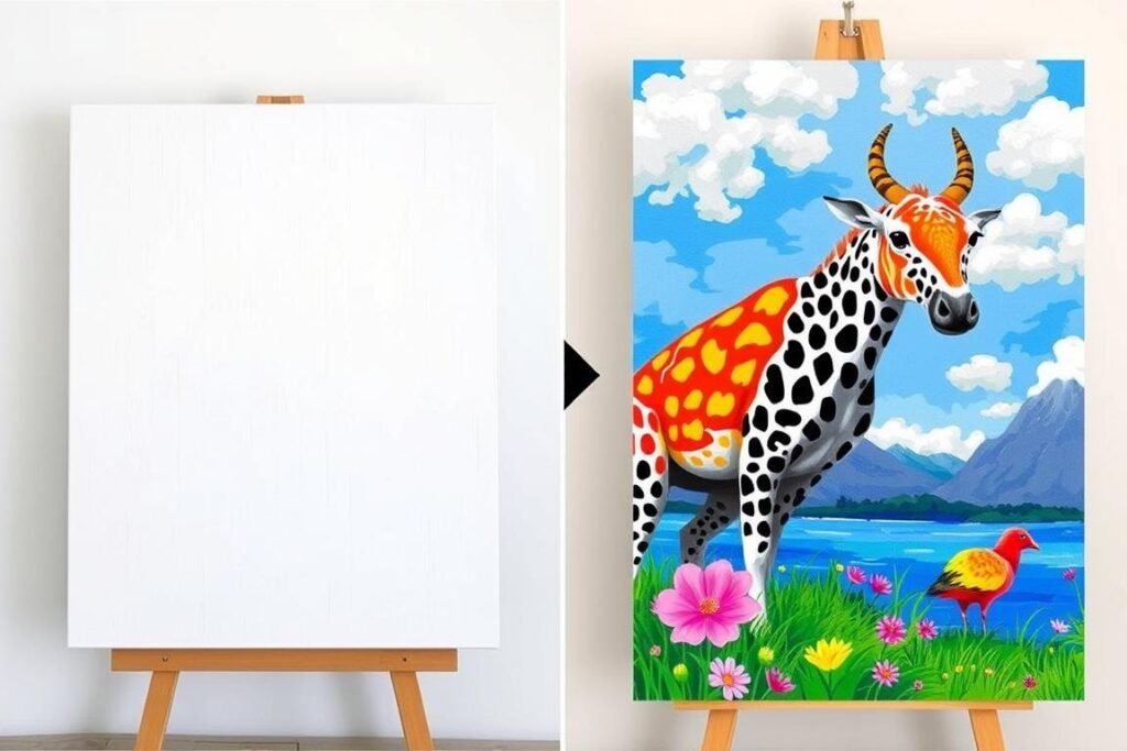 Before and after of a paint by number project showing transformation from blank canvas to finished artwork