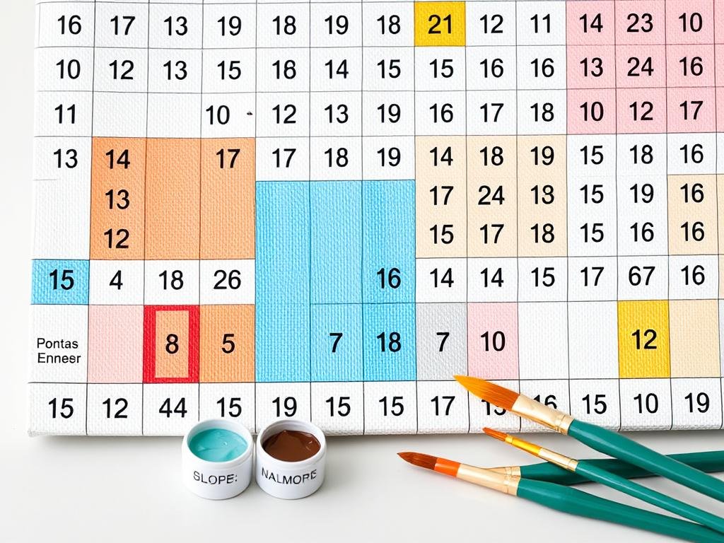 Close-up of a paint by number canvas showing numbered sections and corresponding paint pots