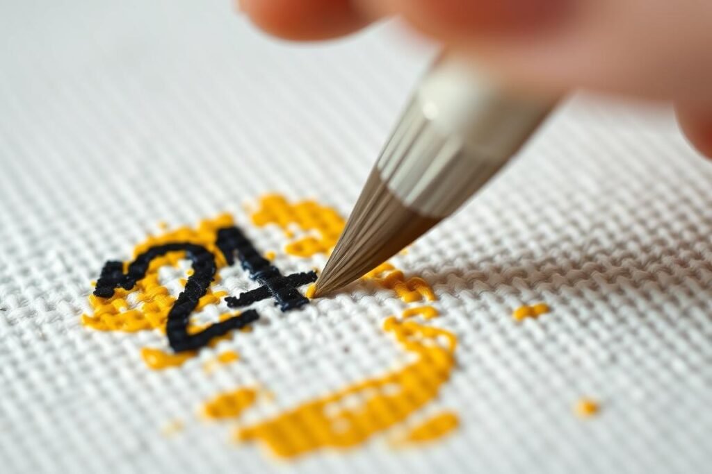 Close-up of a person applying paint to a numbered section of canvas