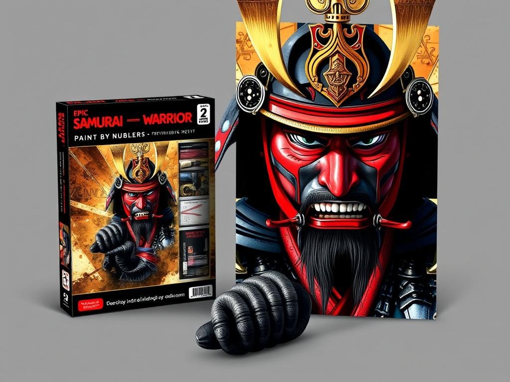 Epic Samurai Warrior Paint by Numbers Kit showing a dramatic samurai portrait