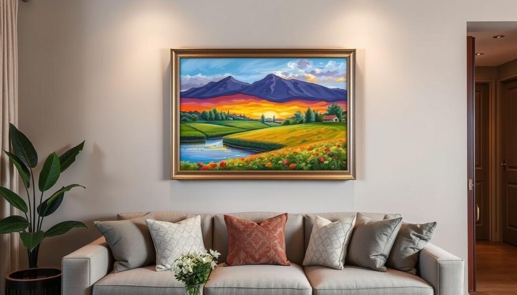 Finished paint by number artwork displayed in a frame on a wall