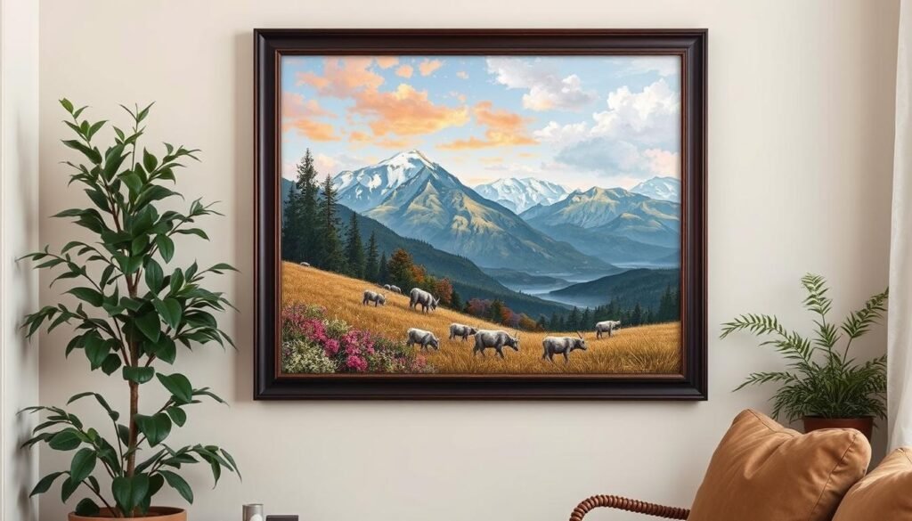 Finished paint by number artwork displayed in a home setting creating a peaceful atmosphere