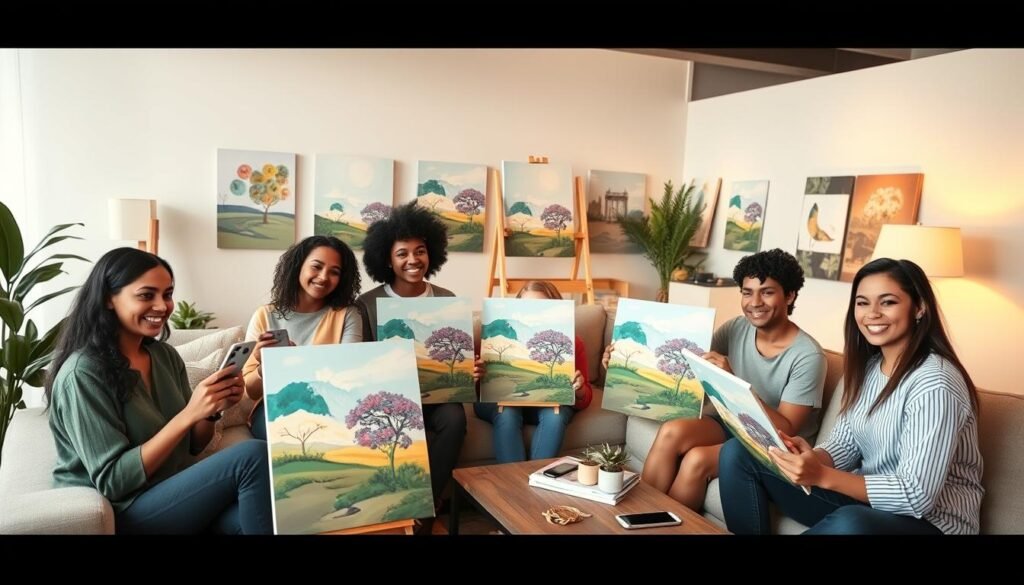Group of friends enjoying paint by number as a social relaxation activity in 2025