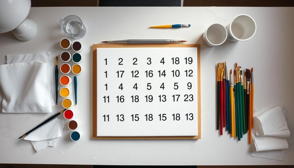 Organized paint by number workspace with materials laid out ready to begin