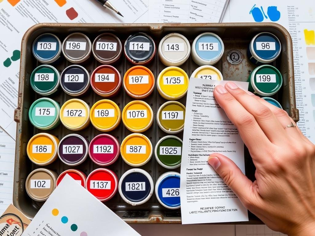 Organized paint pots arranged by number with corresponding reference sheet