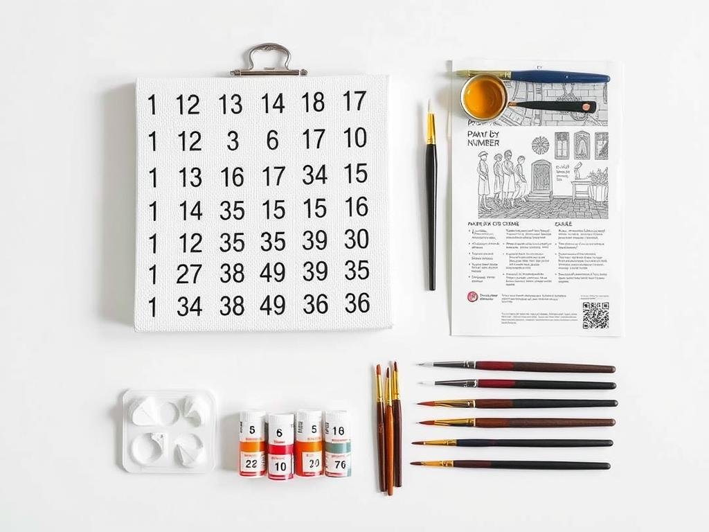 Paint by number kit components laid out showing canvas, paint pots, and brushes