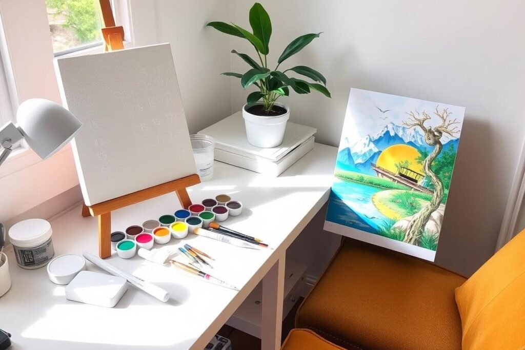 Paint by number setup showing organized workspace with supplies and in-progress canvas
