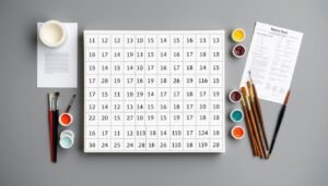 Paint by numbers kit components including numbered canvas, paint pots, and brushes