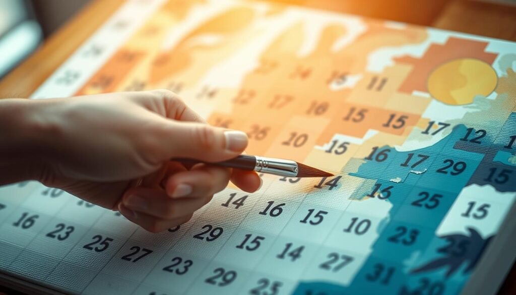 Person holding a paintbrush to a paint by number canvas with visible numbered sections