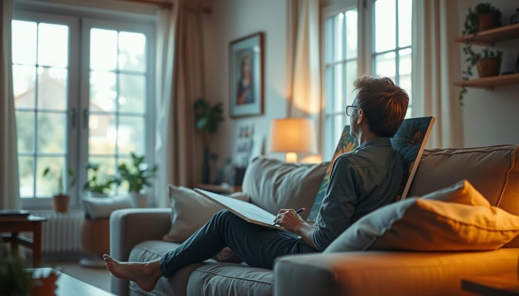 Person relaxing while working on a paint by number canvas in a cozy home setting