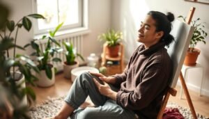 Person relaxing while working on a paint by number canvas in a cozy setting