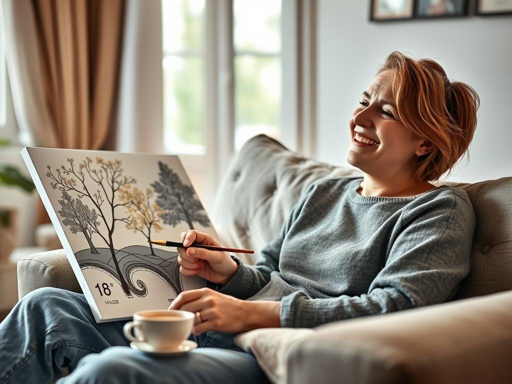 Person relaxing while working on a paint by numbers canvas