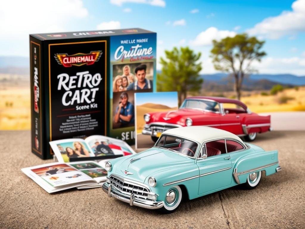 Retro Car Scene Kit showing a vintage automobile against a scenic backdrop