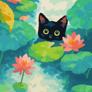 Black Cat Among Water Lilies Paint by Numbers Kit – Cute Kitty in Lotus Pond | DIY Canvas Art