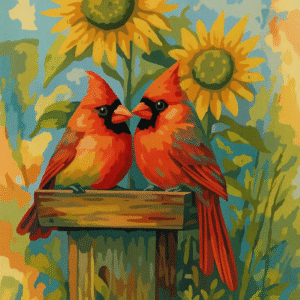 Paint by Number Cardinals and Sunflowers Kit – Vibrant Red Birds on Fence Post – DIY Nature Painting for Adults & Bird Lovers