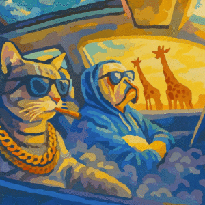 Whimsical Cat & Dog Road Trip Paint by Number Kit - Cool Animals in Car Watching Giraffes - Adult DIY Canvas Art - Beginner Friendly 16x20"