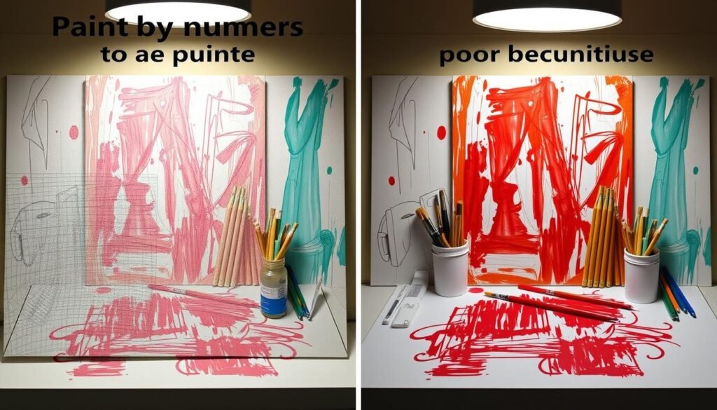 Side-by-side comparison of common paint by numbers mistakes and correct techniques