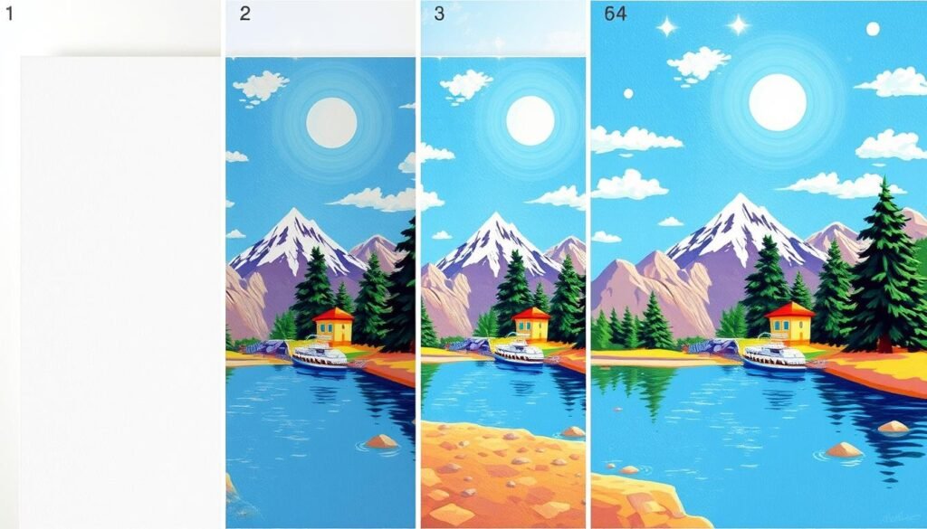 Step-by-step paint by numbers process showing progression from blank canvas to finished artwork