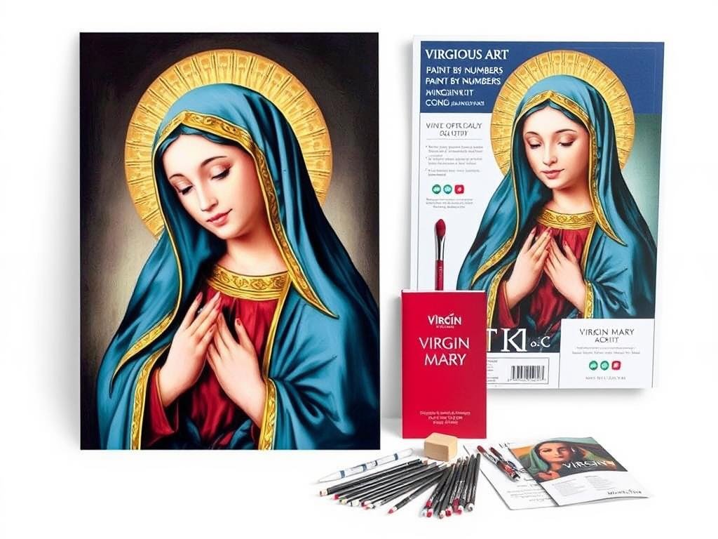 Virgin Mary Religious Art Kit showing serene portrait with gold accents