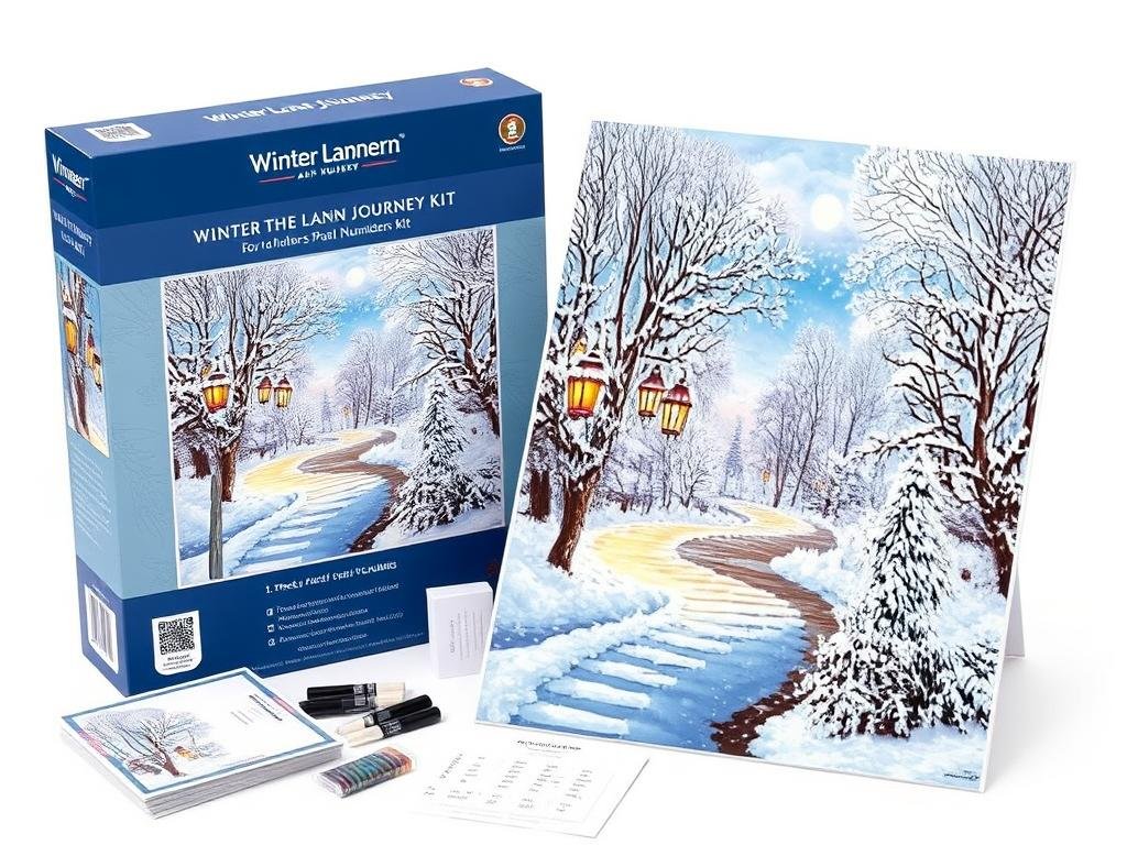 Winter Lantern Journey Paint by Numbers Kit showing a serene winter landscape
