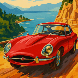 Red Sports Car Paint by Numbers Kit, Vintage Convertible Driving Coastal Road DIY Canvas, Retro Classic Car Art Gift for Auto Enthusiasts