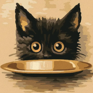 Paint By Number Hungry Kitten with Empty Bowl – Cute Cat Paint by Numbers Kit for Adults Beginners
