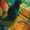 Cat and Noodles Paint by Numbers Kit – Cozy Kitchen Scene with Black Cat | DIY Canvas Painting