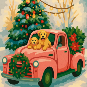 Paint By Number Festive Truck With Dogs – Christmas Scene Art Kit For Adults, Cute DIY Holiday Painting, Pet Lover Gift