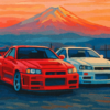 Skyline Cars Paint by Number Kit – Red and White JDM Cars in Front of Mount Fuji DIY Painting for Racing Car Fans