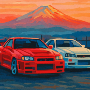 Skyline Cars Paint by Number Kit – Red and White JDM Cars in Front of Mount Fuji DIY Painting for Racing Car Fans